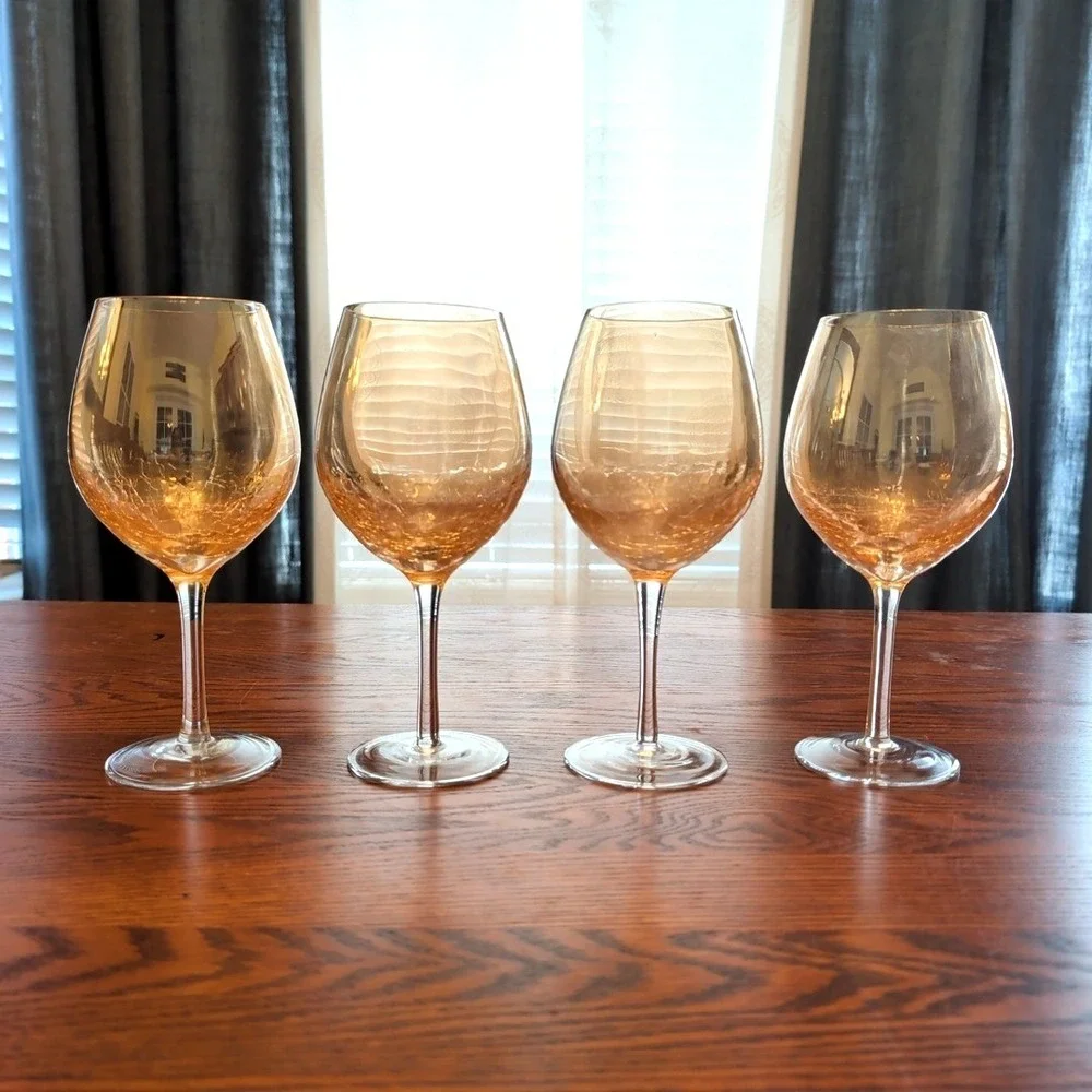 Pier 1‎ Crackle Glass Goblets Golden Luster Large Wine Glasses Amber Set Of 4
